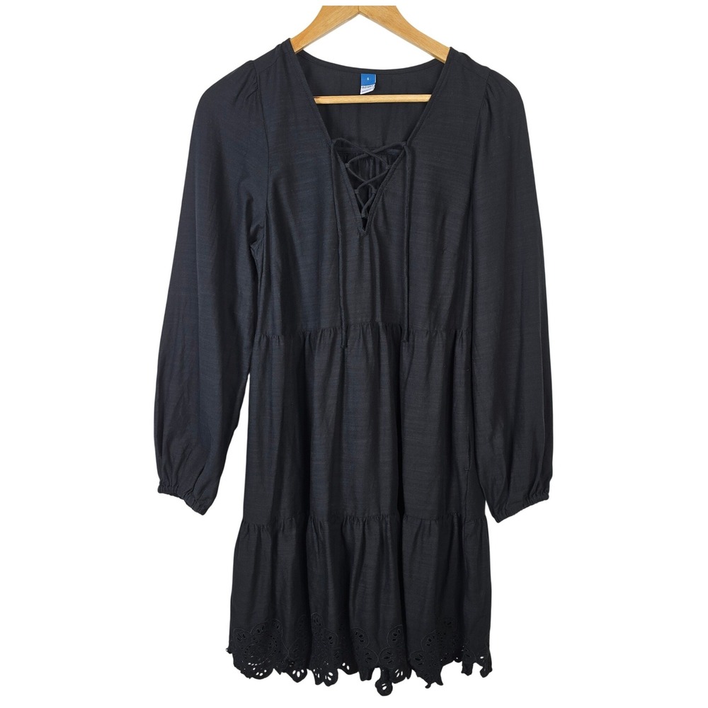 Old Navy Womens Black Lace Up‎ Tiered Boho Eyelet Hem Long Sleeve Dress Small
